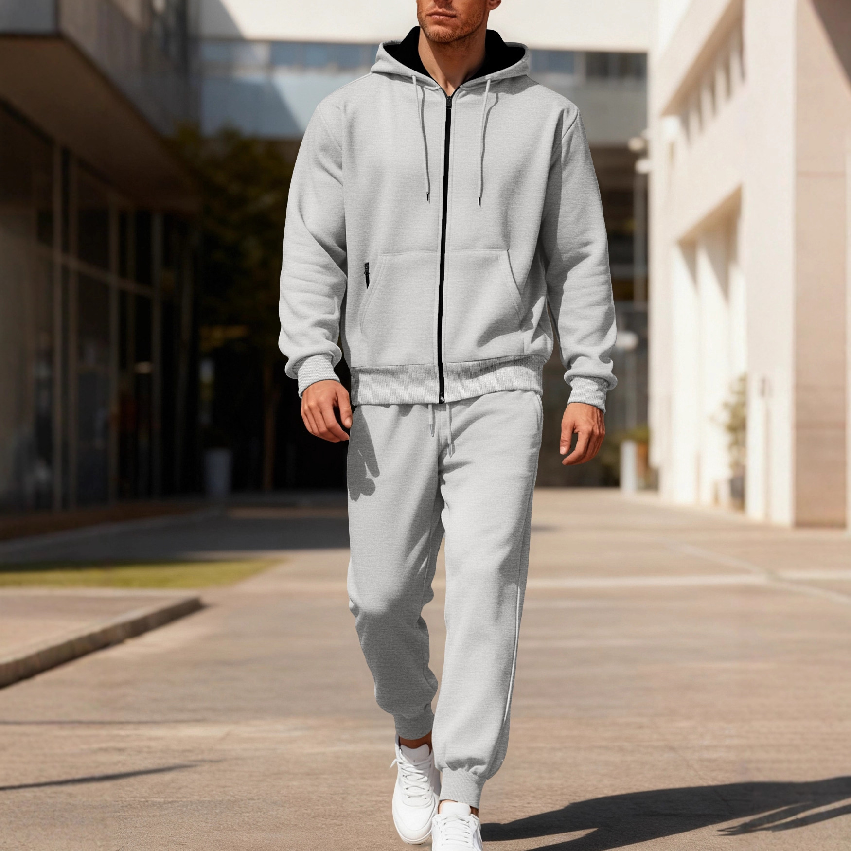 Transfronterizos Amazon otoño y invierno de color sólido para hombres pantalones de manga larga con capuzas de vello caliente y cómodo juego de ocio deportivo para hombres