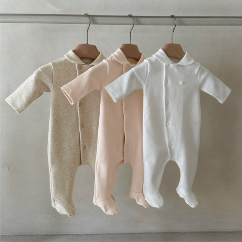 Newborn Spring Clothing—Class A Baby Small Lapel Open-Chest Single-Row Button Long Romper with Footed Onesie and Bib-style Overalls