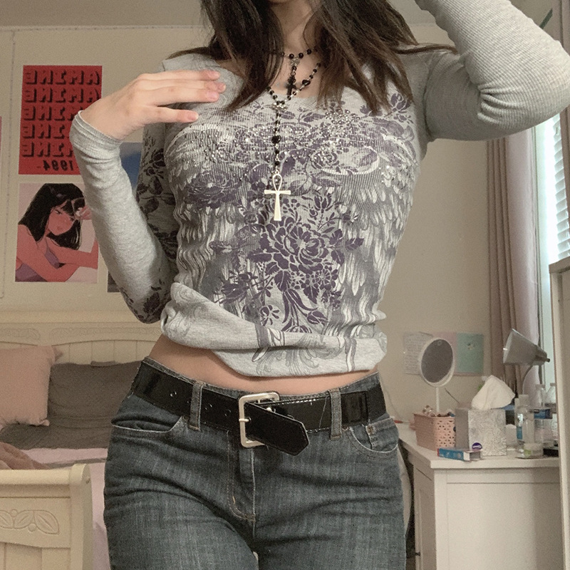 复古羽毛翅膀印花外贸欧美亚马逊烫钻V领气质通勤棉修身型长袖