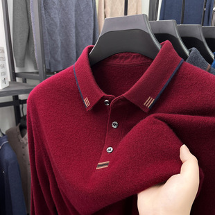 Main Push Brand High-end 100% Sheep Wool Long-sleeved Polo Shirt Men's Lapel Thick Business Long-sleeved T-shirt