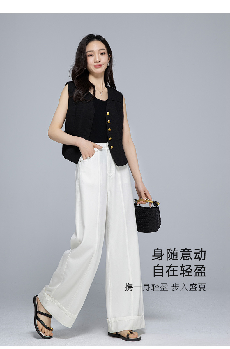 Quần jean ống rộng nữ cạp cao vải Tencel cotton mềm mại, dáng suông rộng, gấu xắn, mỏng nhẹ mùa hè — Màu trắng chi tiết 19