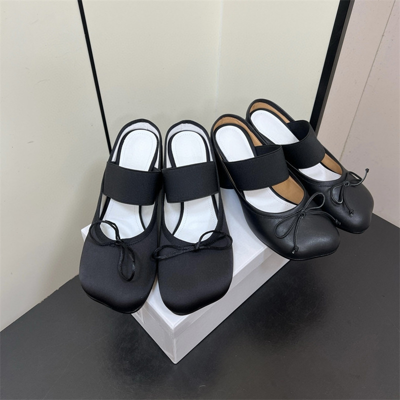 Jennie's Same Style M6 Margiela High-Heeled Apple-Toe Half-Slippers for Women, Chunky Heel Mules with Bow Ballet Shoes