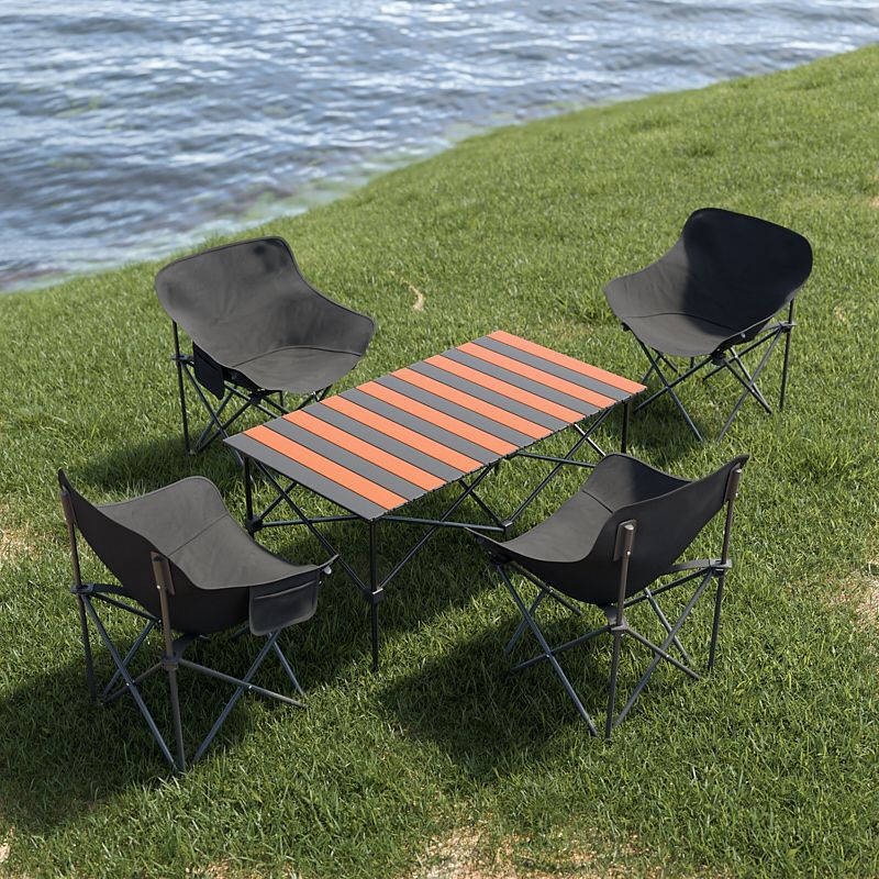 2025 업그레이드 강화모델 + 휴대용 수납벨트 - 오렌지색과 검정색 스티치 [95*55*50cm 긴 테이블] + 검정색 의자 4개