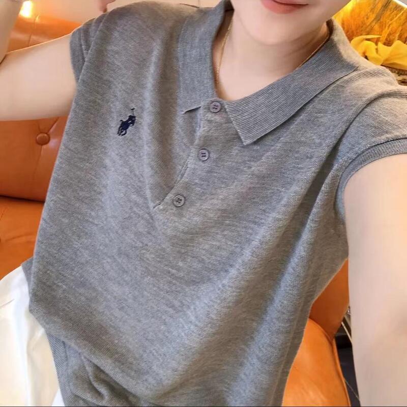Fashion Casual Casual Plaid Polo Collar Short Sleeve T-Shirt Women's 2025 Summer New Easiest for Match Daily Solid Color Top