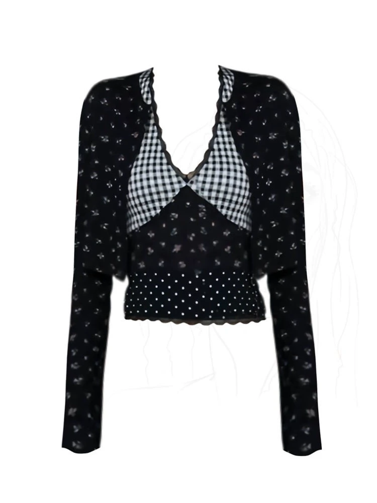 Топ и кардиган (жен.) с цветочным принтом и чашками, размеры S–XL