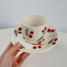 韩式小清新手绘樱桃杯ins简约高颜值陶瓷杯盘套装高颜值情侣礼物