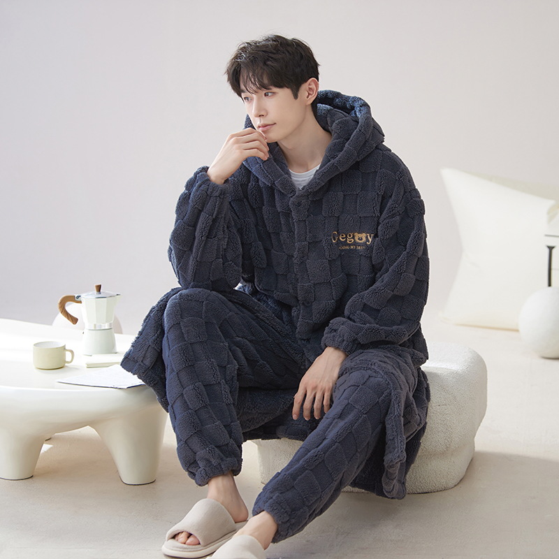 Camisón de invierno los hombres coral fleece cálido engrosada estilo coreano simple con capucha franela pijamas homewear traje