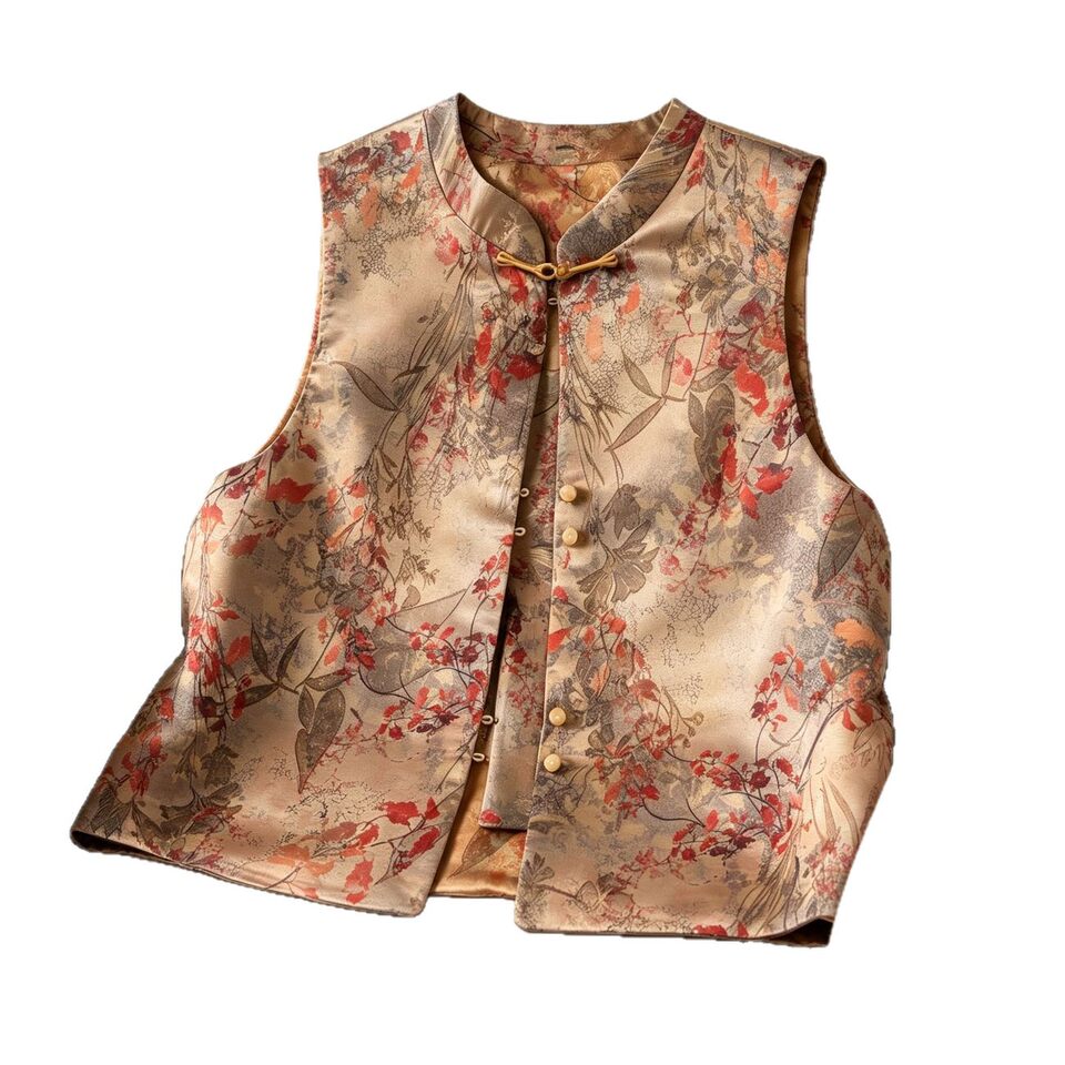Áo gile không tay dệt jacquard họa tiết nổi, dáng rộng, mặc được hai mặt, dài áo 50–65 cm — Lá phong thu + lá vàng thu, mặc được hai mặt, Lá phong đỏ + lá phong thu, mặc được hai mặt, Lá vàng mùa thu + lá phong đỏ, mặc được hai mặt, Đỏ rực + Xanh ô liu, mặc được hai mặt