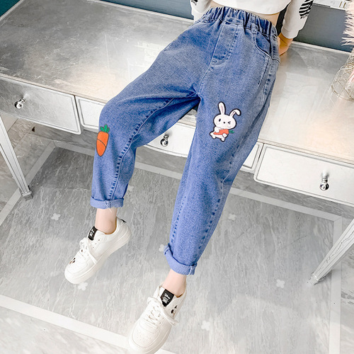 Children's Denim Pants 2024 Spring and Autumn New Style Girls Fashion Baby Pants for Big Kids Loose Casual Trousers