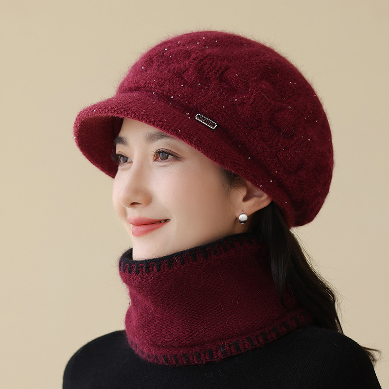 中老年人帽子围脖二件套冬季保暖加厚防寒妈妈奶奶兔毛针织毛线帽