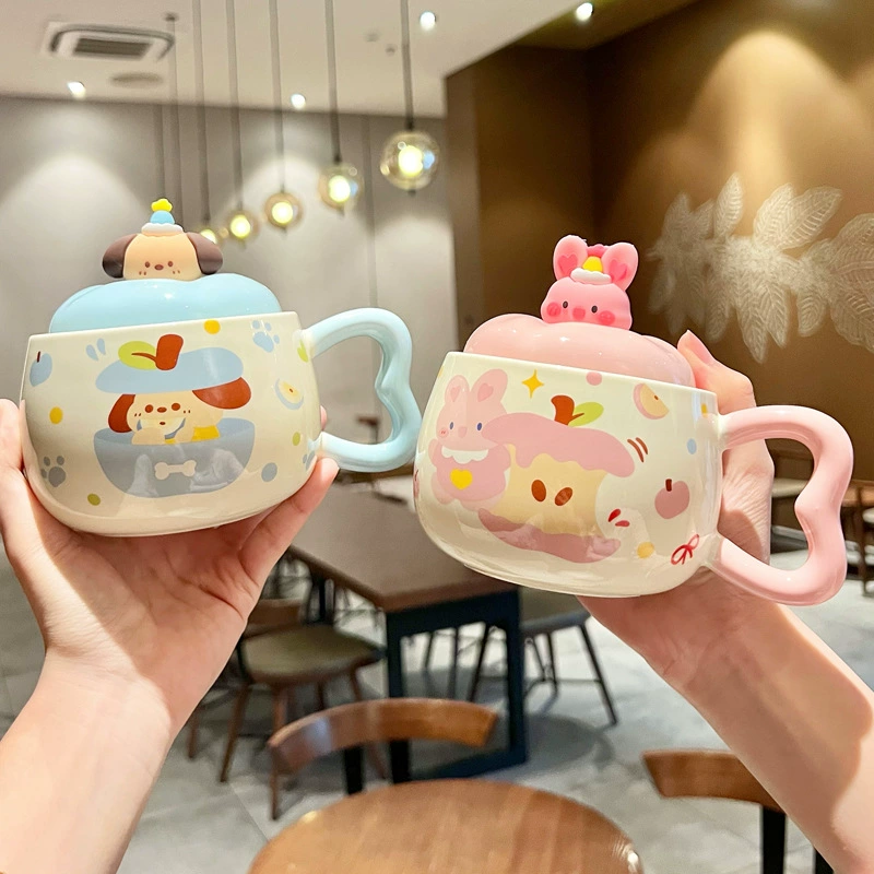 Очень красивая кружка, качественная керамическая чашка с рисунком кролика и крышкой, пара для завтрака/кофе, сувенир