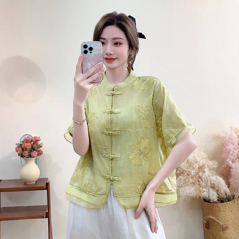 2025 spring new stitching gauze retro button shirt solid color ramie embroidery literary retro button shirt