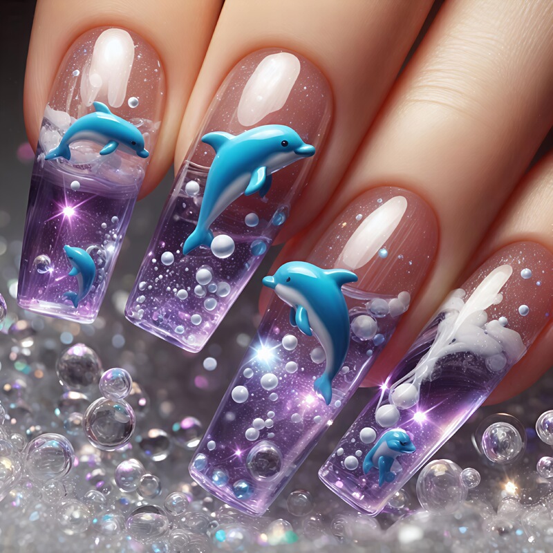 Mid-Length Purple Ocean Dolphin 24 Pieces of Fake Nails European and American Dreamy Ocean Series Wholesale Manicure Mid-Length Purple Ocean Dolphin 24 Pieces of Fake Nails European and American Dreamy Ocean Series Wholesale Manicure
