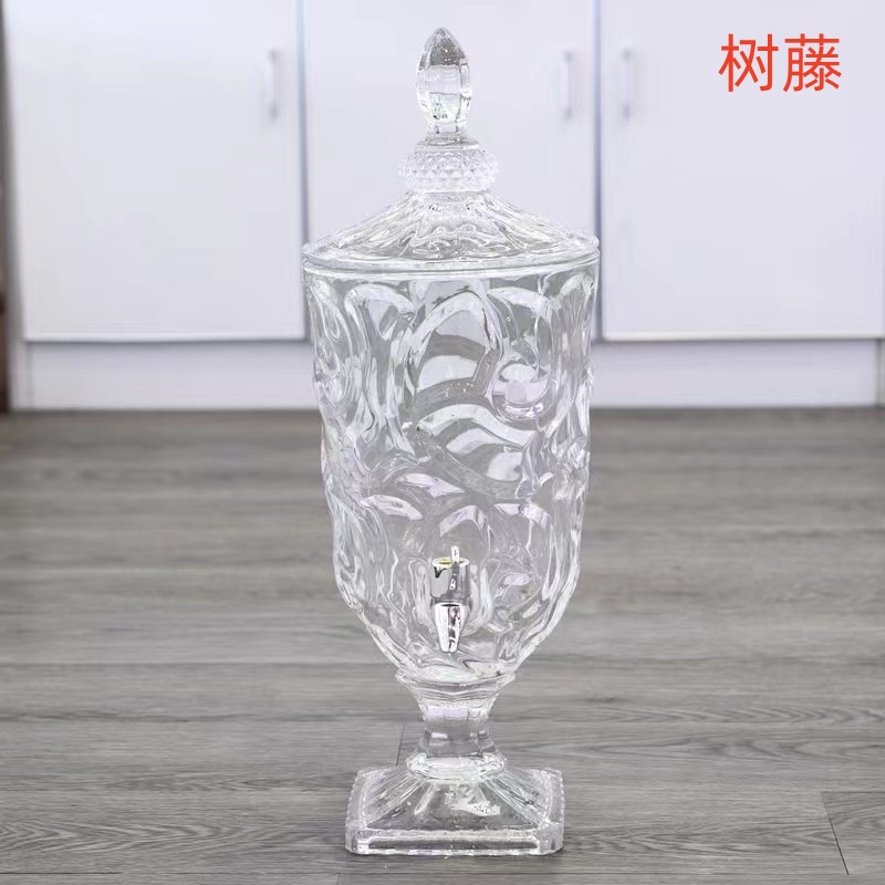 Botella de jugo de cristal repujado creativo con tapa y grifo de jugo de gran capacidad jarra de jugo de botella de agua fría transparente