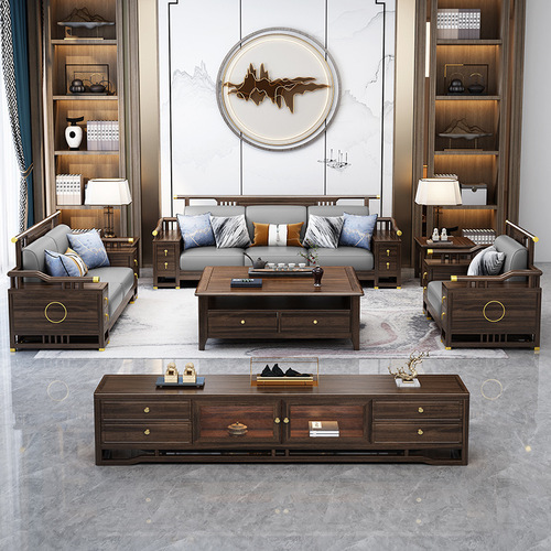 New Chinese style ebony solid wood sofa combination large and small villa living room Chinese style Zen living room wooden furniture