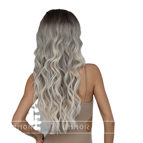 European and American cross-border new big wave wig for women with eight-character bangs, black gradient gray long curly hair, chemical fiber full headgear