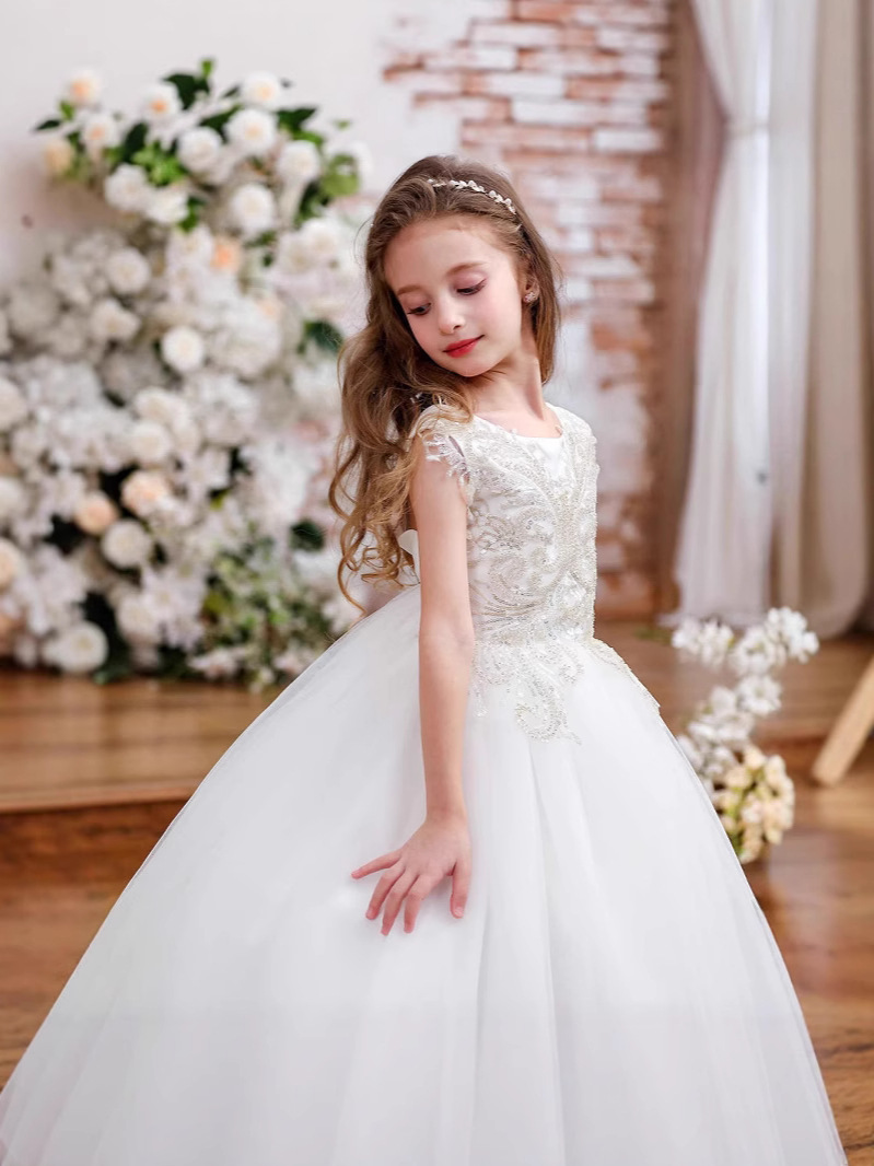 Comercio exterior transfronterizo de Europa y América ropa infantil cinturón de encaje completo taladro sin mangas champán flores de champán vestido de novia de niñas
