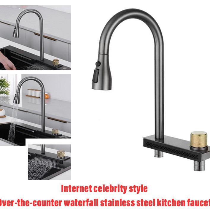Grifo Extraíble con Cascada para Cocina de Acero Inoxidable Agua Fría y Caliente para Cocina