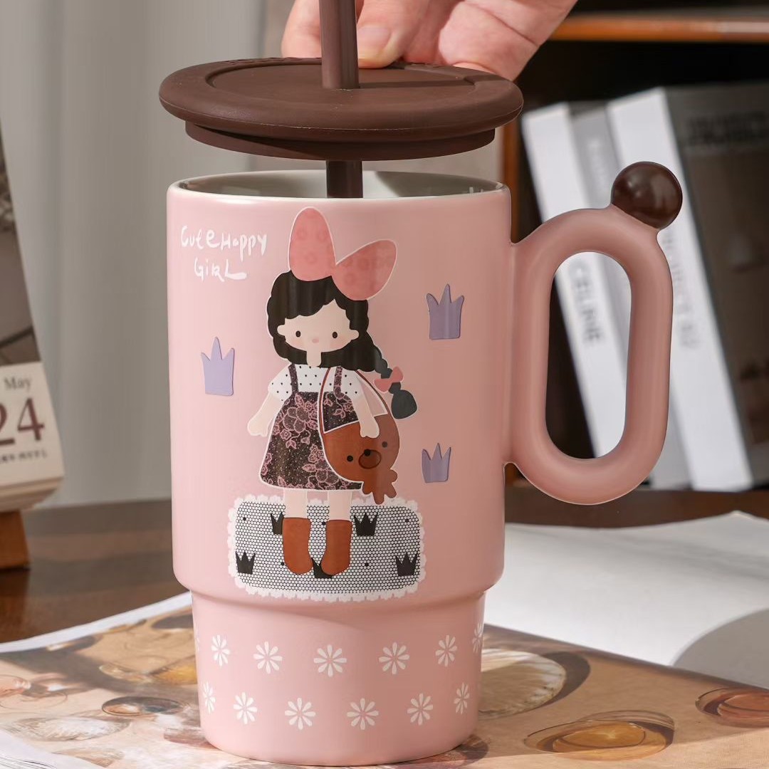 Creativo encantador dibujos animados chica acompañante mano regalo taza de agua de paja estilo japonés alto valor retrógrado taza especial transfronteriza