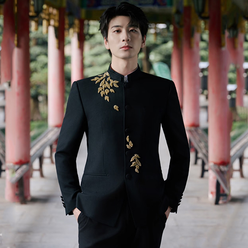 High-End Black and Gold Heavy Tuxedo Suit for Men, New Chinese Style Wedding Attire, Groom's Wedding Suit Set