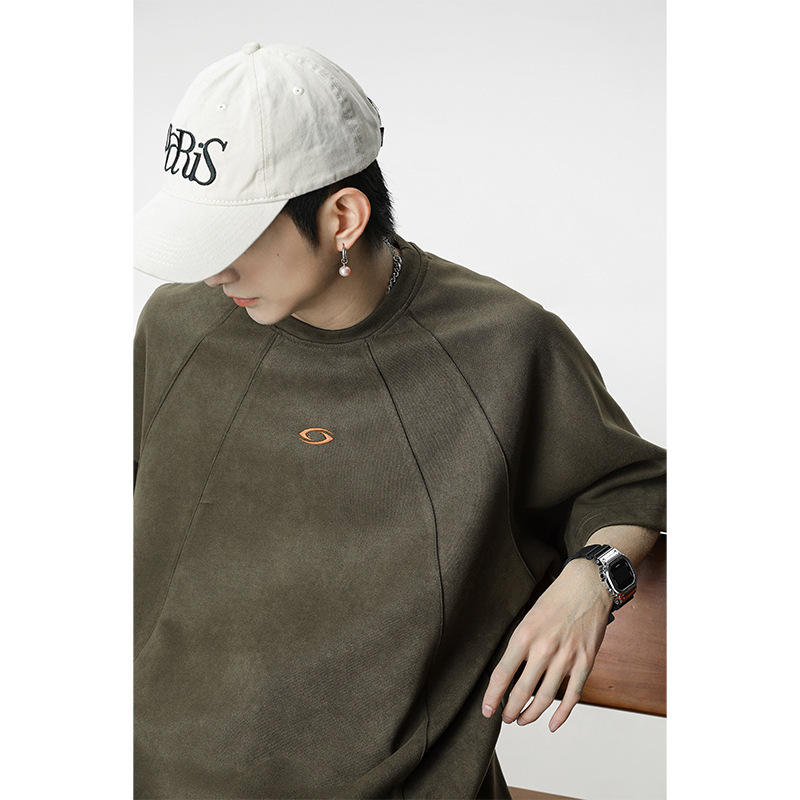 Three-Dimensional Cut-And-Sew Design Short-Sleeved T-Shirt for Men 26 New Summer Style American Retro Suede Half-Sleeved T-Shirt