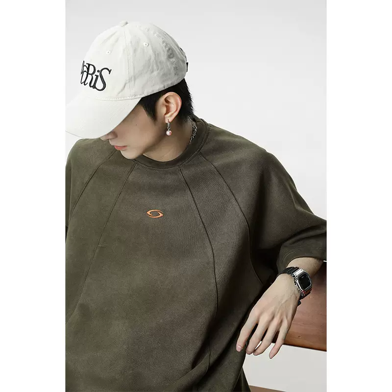 立体分割拼接设计短袖T恤男25夏季新款美式复古麂皮绒半袖体恤衫