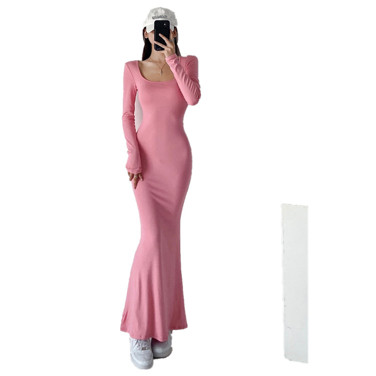 Foreign trade ins slim slim hip fishtail skirt 2022 autumn new European and American low chest square collar long sleeve dress Foreign trade ins slim slim hip fishtail skirt 2022 autumn new European and American low chest square collar long sleeve dress