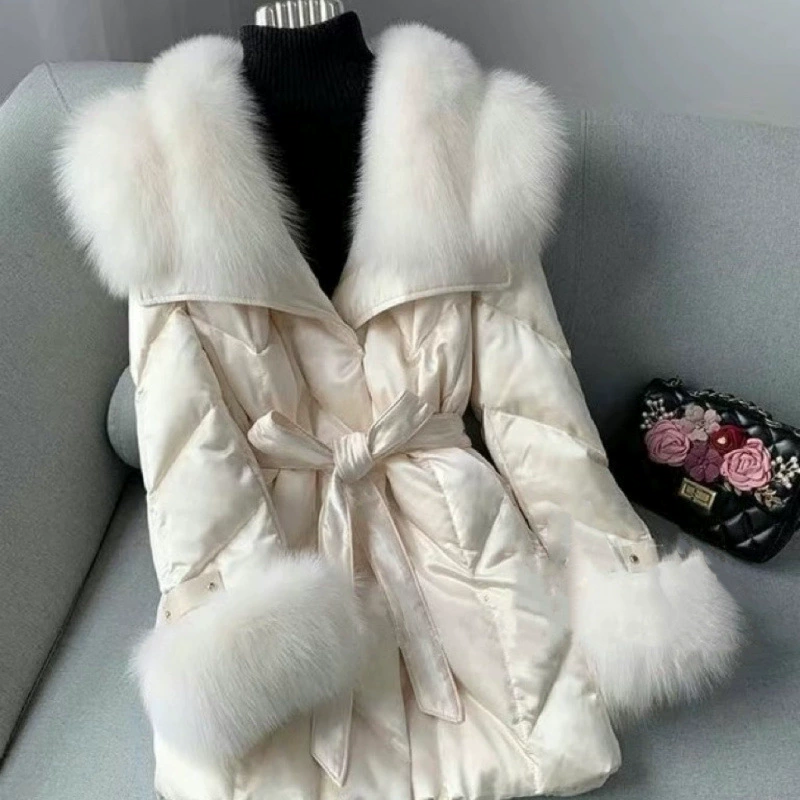 Women’s down jacket, fur‑trimmed collar and cuffs, belted, apricot, sizes S–L