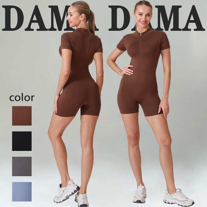 Cross-Border Summer Short-Sleeved Zippered Slim-Fitting Yoga Jumpsuit Running Fitness Dance Sports Short-Sleeved Shorts Jumpsuit