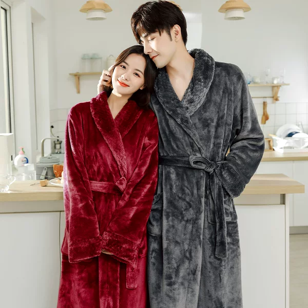 In-Stock Wholesale Couple's Flannel Bathrobes, Winter Thickened Warm Loungewear, Men's and Women's Long Coral Fleece Pajamas
