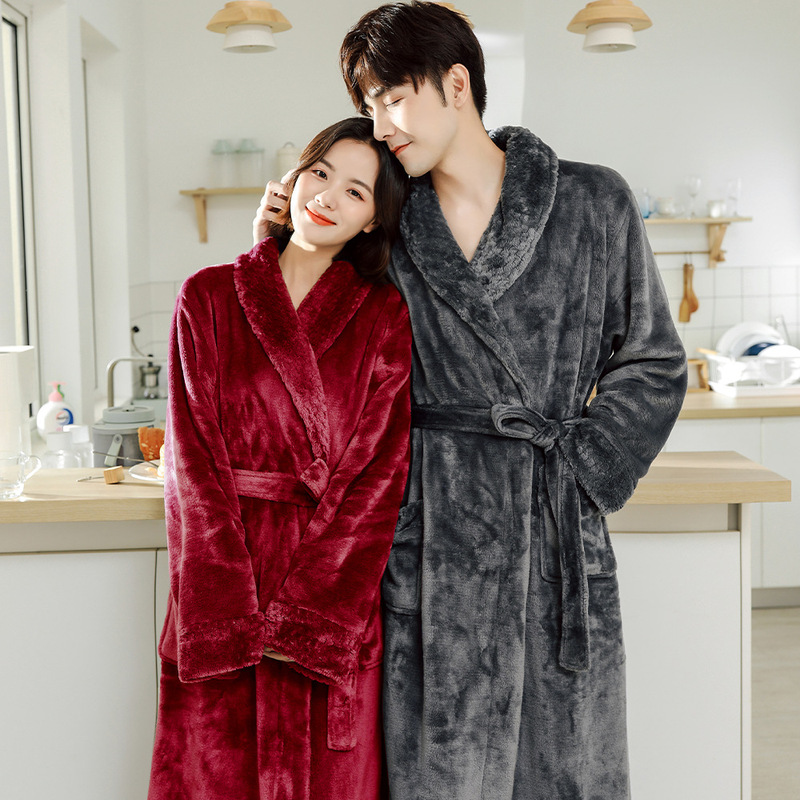 Factory Special Price Couple's Flannel Bathrobe Winter Thickened Warm Home Wear Men's and Women's Bathrobe Long Coral Fleece Pajamas