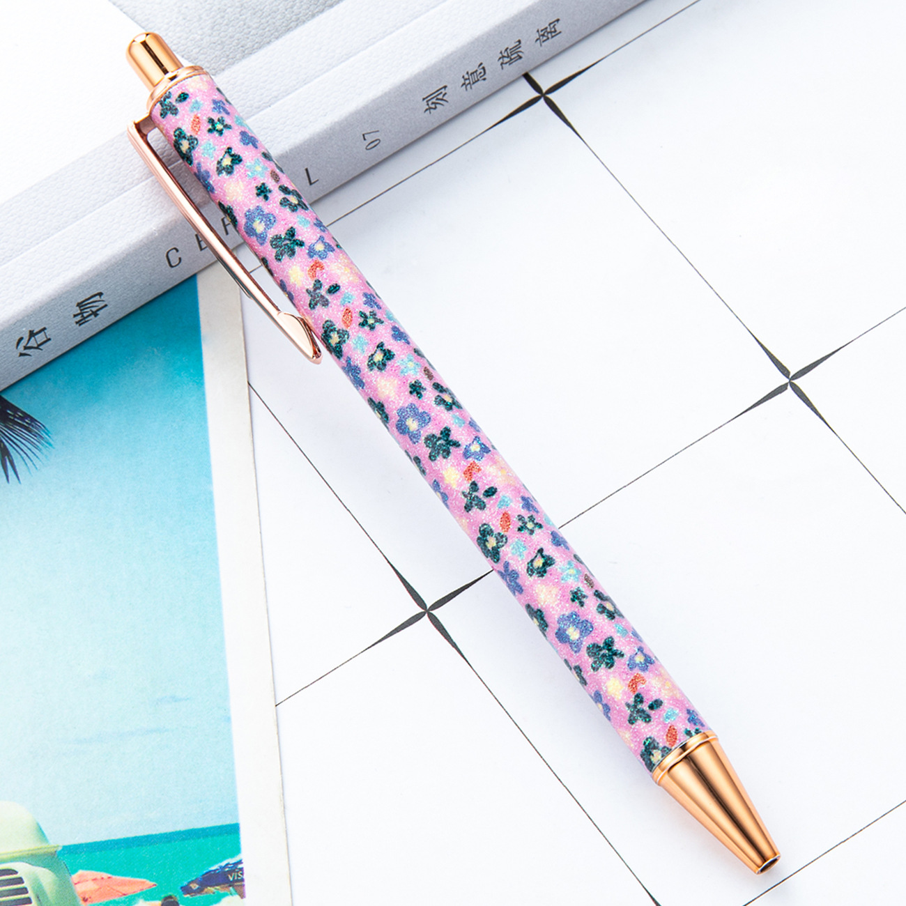 alto valor facial ins viento flor triturada lápiz de bola pequeña fresca creativa estudiantes presionar lápiz de regalo de publicidad lápiz de bola