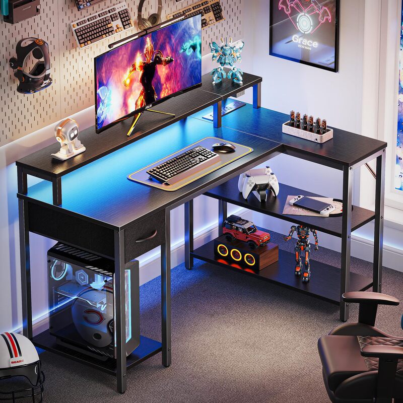 Gaming Desk E-Sports Desk with Light and Socket Drawer 2025 Source Factory Cross-Border L-Shaped Reversible Computer Desk Trend