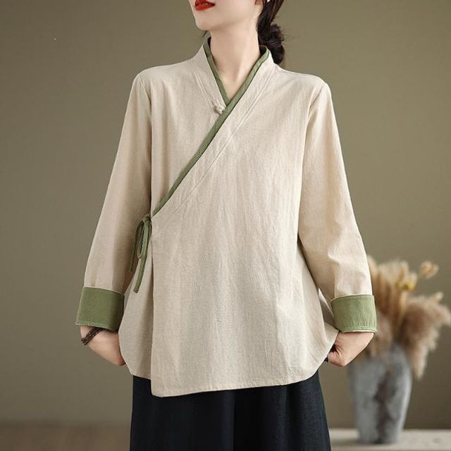 中国风复古斜襟系带改良汉服衬衫女春季宽松大码禅意茶服棉麻上衣