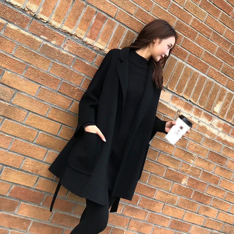 Lightweight Women's Coat, Plus Size Loose-Fitting Women's Coat, Black Hepburn Style Petite Belted Woolen Coat Top