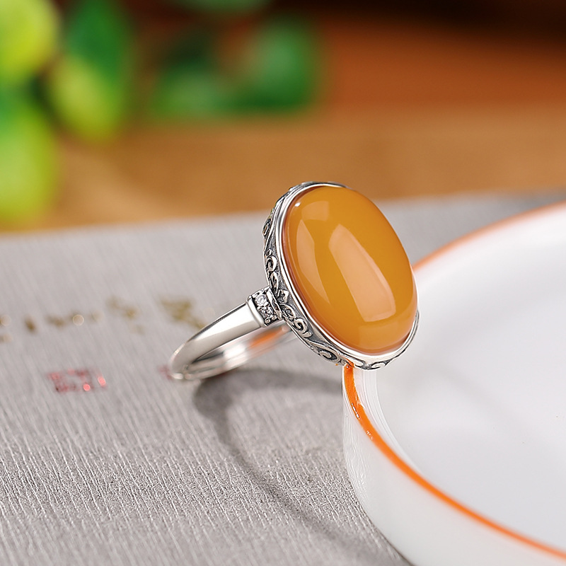 Nhẫn mặt trứng hoa văn sáp ong bạc nguyên chất S925 hình hươu — Mở (một kích thước)