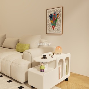 Sofa Side Cabinet Light Luxury Mobile Coffee Table Bedside Small Table Cream Side Table Living Room Cart with Wheels