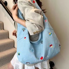 2025韩系刺绣牛仔斜挎包包女新款小众大容量通勤帆布单肩托特包