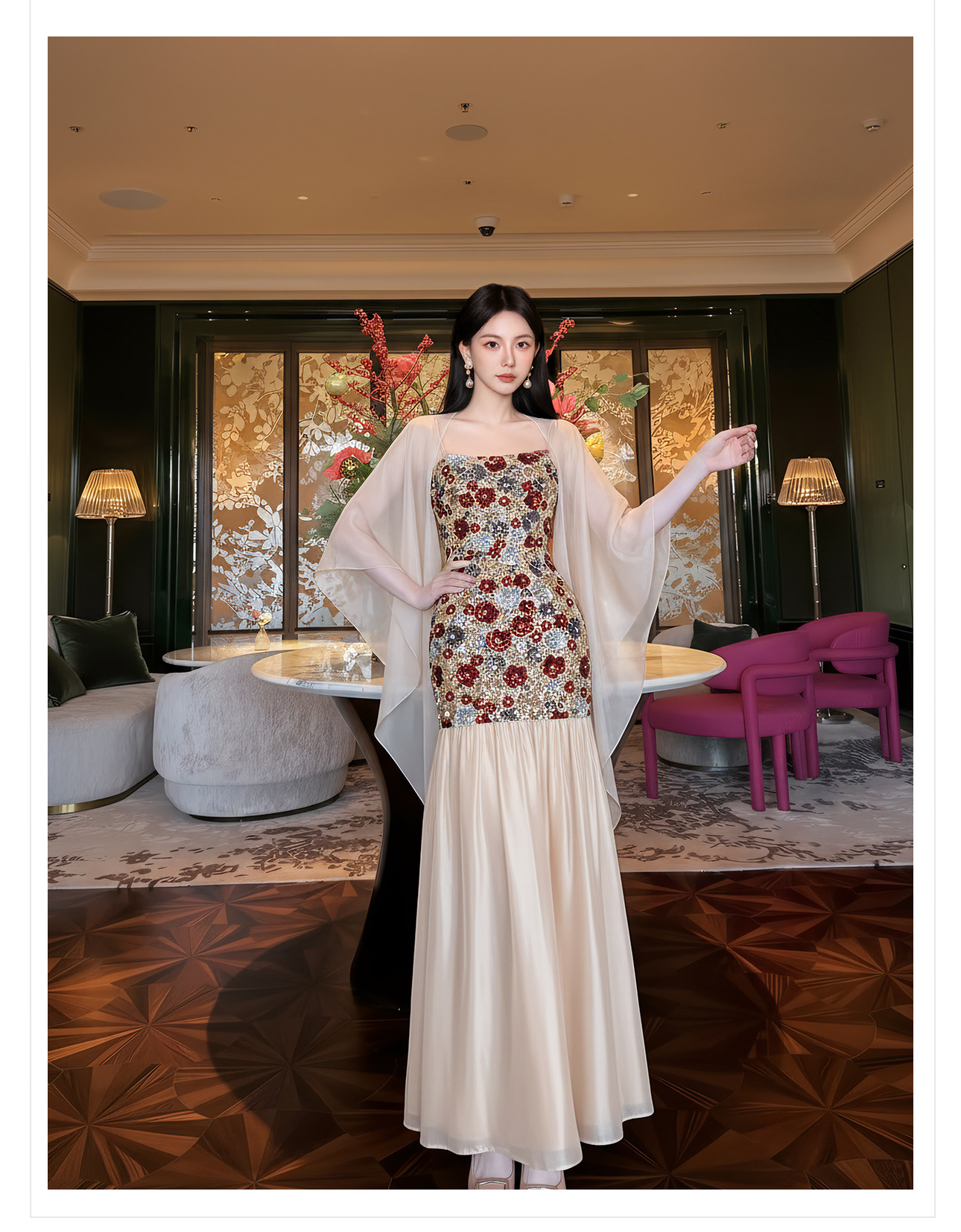 Bộ đầm dây maxi thêu ren kết hợp kim sa phong cách Tân Trung Hoa + áo khoác choàng vai — Trang chủ, bộ đồ, đầm dây chi tiết 12