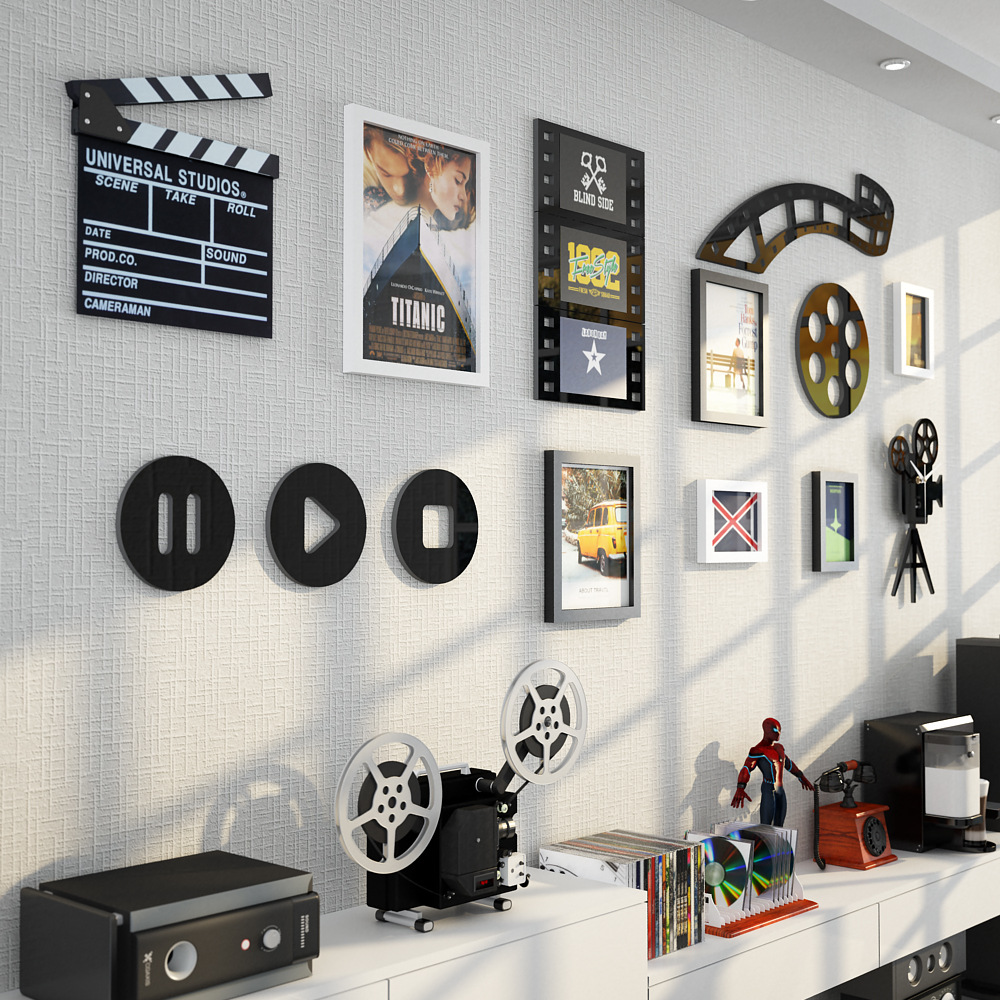 高分子_B01電影主題發光照片牆黑白現代簡約裝飾組合相框LED燈帶