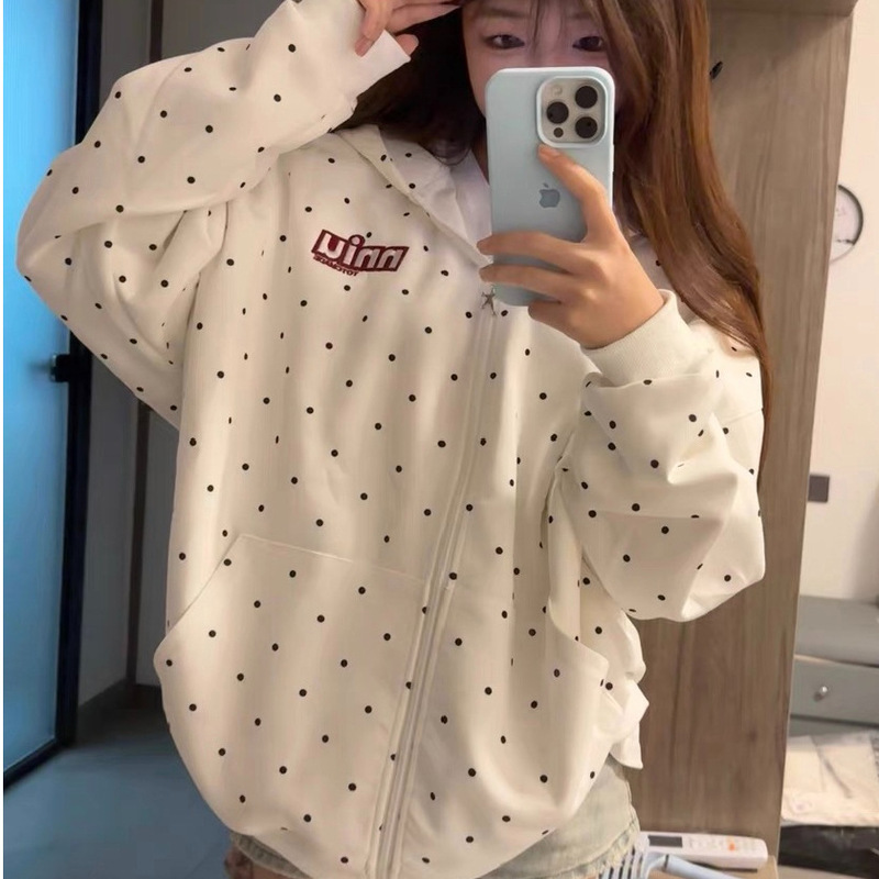 美式风拉链连帽卫衣女春秋大码胖mm穿搭休闲宽松长袖外套波点上衣|undefined