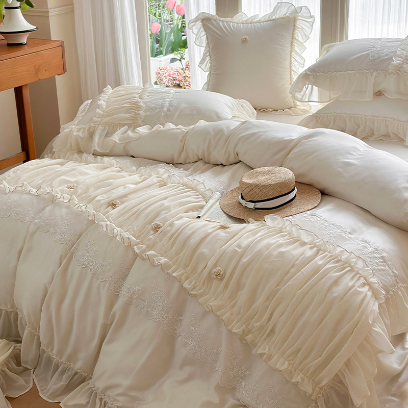 Jogo de cama de verão estilo princesa francesa com renda sedosa_voghion.com