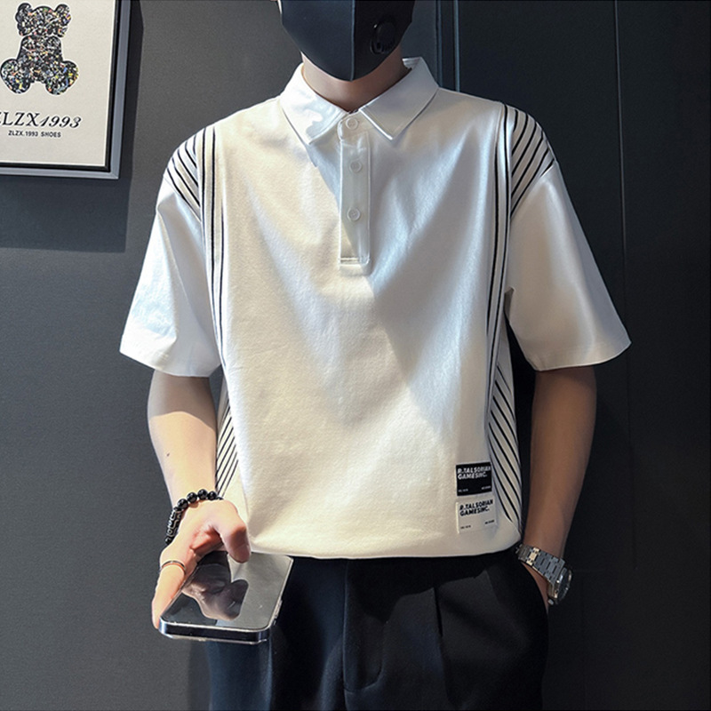 Black and white striped lapel polo shirt loose short sleeve summer men's high-grade ice silk T-shirt men's 2023 new clothes