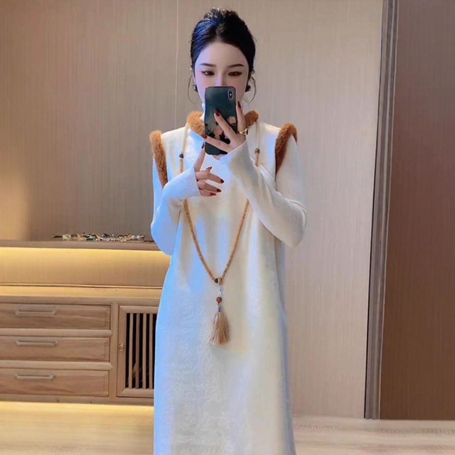Fleece-Lined and Thickened New Chinese Style Improved Cheongsam Vest Dress for Women, Autumn and Winter Base Shirt and Skirt Two-Piece Set