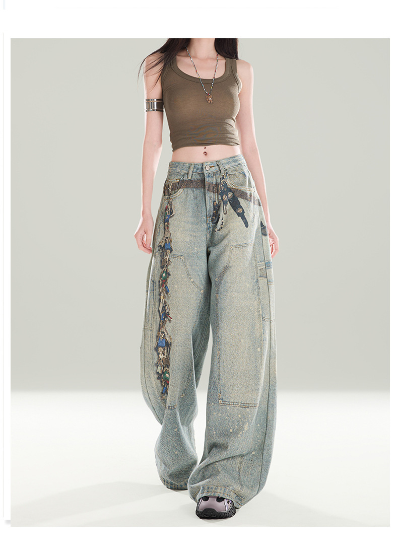 Men's Vintage Washed Print Jeans Hip-Hop Straight-Leg Loose Fit Denim Blue Breathable Polyester Blend S-3XL_mkmklike.com