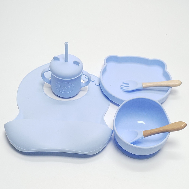 하늘색 (리틀베어 1칸 실리콘 접시 + 어린이그릇 + 턱받이 + 컵 + 나무손잡이 + 스푼 + 포크)