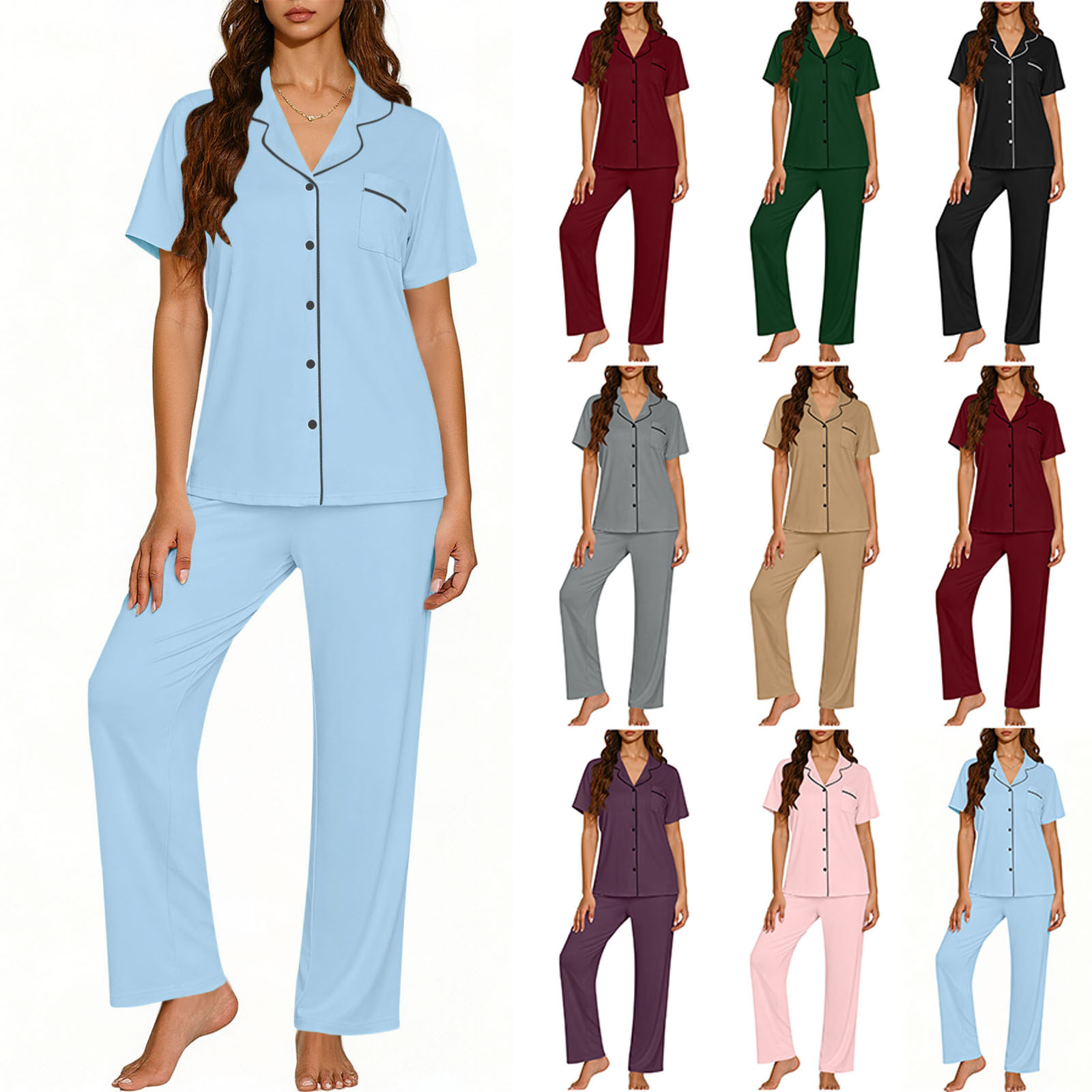2026 New Foreign Trade European and American Amazon Women's Home Wear Summer Short-Sleeved Cardigan Lapel Pajama Set