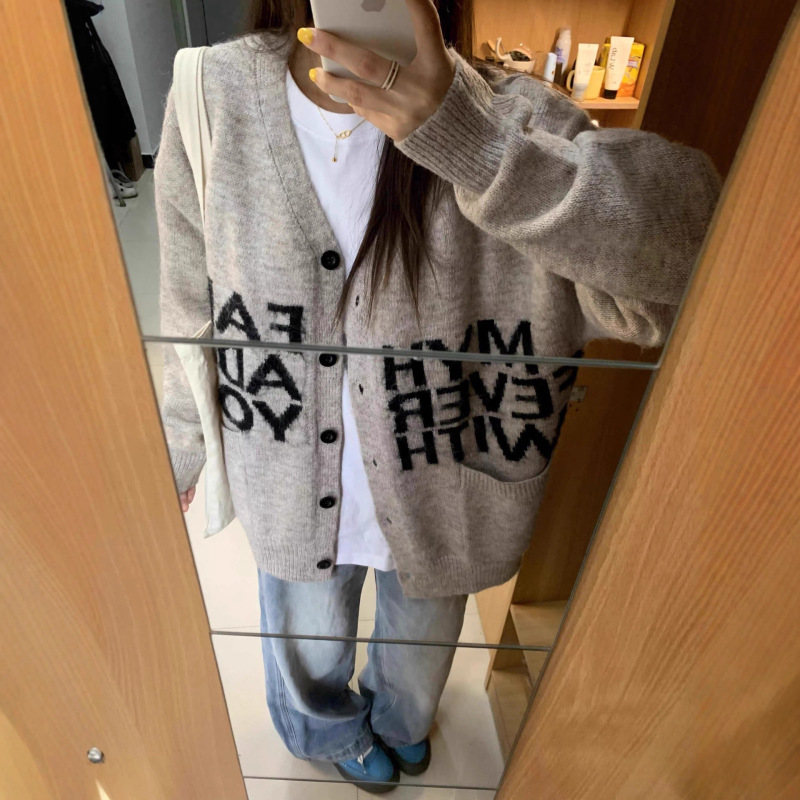 美式复古V领针织开衫女2025秋冬新款宽松慵懒风毛衣休闲毛线外套|undefined
