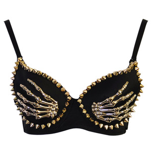 Cross-border New Nightclub Bar Black Rivet Skull Finger Bra Belly Dance Costume Sexy Punk Bra