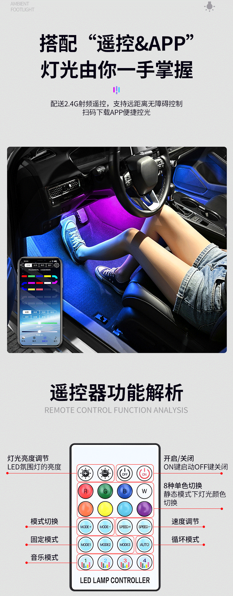 New ambient light for the car, LED colorful interior lighting, USB-powered footwell decorative light, remote control and mobile app control
